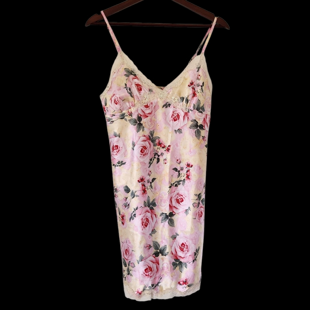 Vintage Y2K Slip Dress Small Pink Floral Mini Satin Sequin Lace Lingerie Fairy